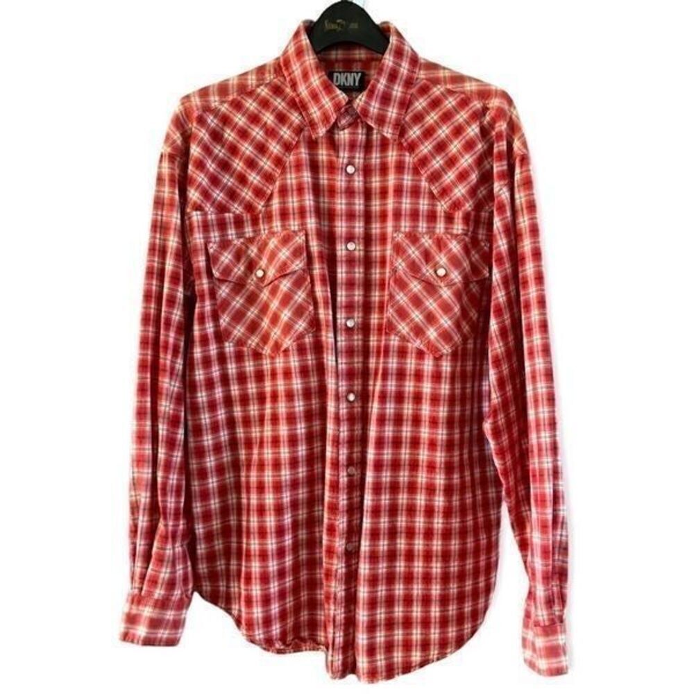 DKNY Mens Red Plaid Western Pearl Snap Shirt XL